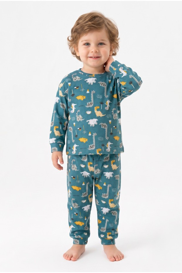 Erkek Bebek Dinozor Desenli %100 Pamuk Reaktif Boyama İnterlok Kumaşş Uzun Kollu Pijama Takımı 