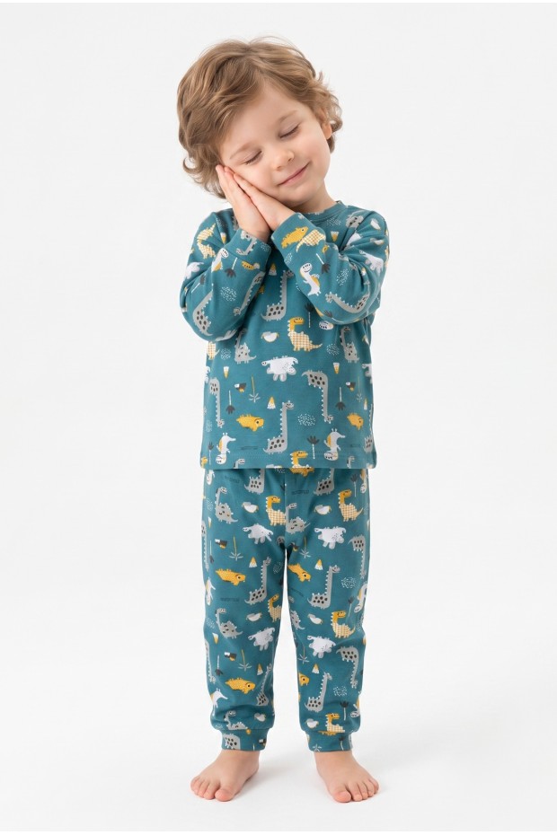 Erkek Bebek Dinozor Desenli %100 Pamuk Reaktif Boyama İnterlok Kumaşş Uzun Kollu Pijama Takımı 