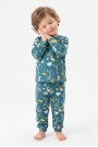 Erkek Bebek Dinozor Desenli %100 Pamuk Reaktif Boyama İnterlok Kumaşş Uzun Kollu Pijama Takımı 