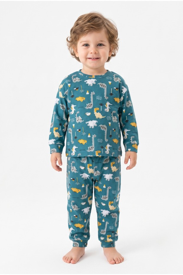 Erkek Bebek Dinozor Desenli %100 Pamuk Reaktif Boyama İnterlok Kumaşş Uzun Kollu Pijama Takımı 