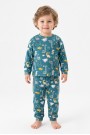Erkek Bebek Dinozor Desenli %100 Pamuk Reaktif Boyama İnterlok Kumaşş Uzun Kollu Pijama Takımı 