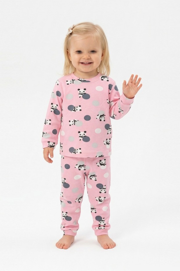 Kız Bebek Panda ve Puantiye Desenli %100 Pamuk Reaktif Boyama İnterlok Kumaş Uzun Kollu Pijama Takımı
