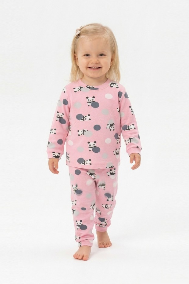 Kız Bebek Panda ve Puantiye Desenli %100 Pamuk Reaktif Boyama İnterlok Kumaş Uzun Kollu Pijama Takımı