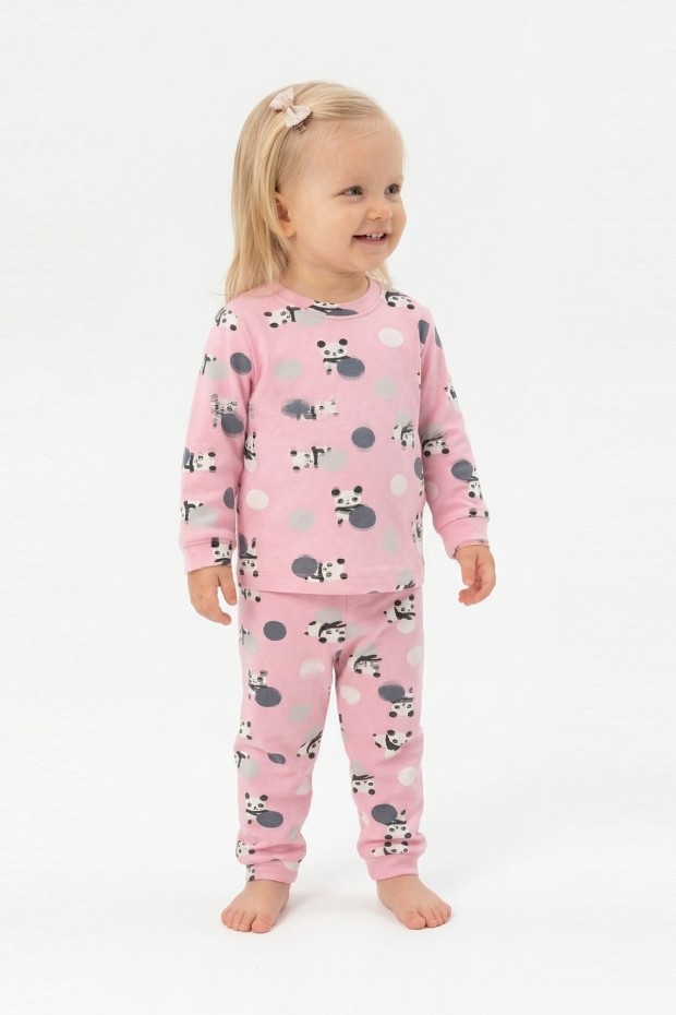 Kız Bebek Panda ve Puantiye Desenli %100 Pamuk Reaktif Boyama İnterlok Kumaş Uzun Kollu Pijama Takımı