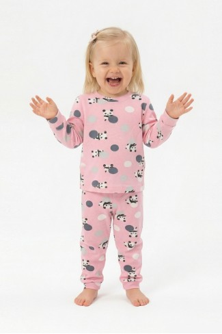Kız Bebek Panda ve Puantiye Desenli %100 Pamuk Reaktif Boyama İnterlok Kumaş Uzun Kollu Pijama Takımı