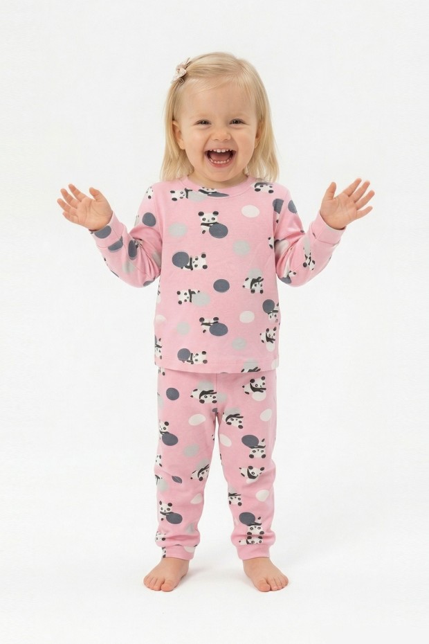 Kız Bebek Panda ve Puantiye Desenli %100 Pamuk Reaktif Boyama İnterlok Kumaş Uzun Kollu Pijama Takımı
