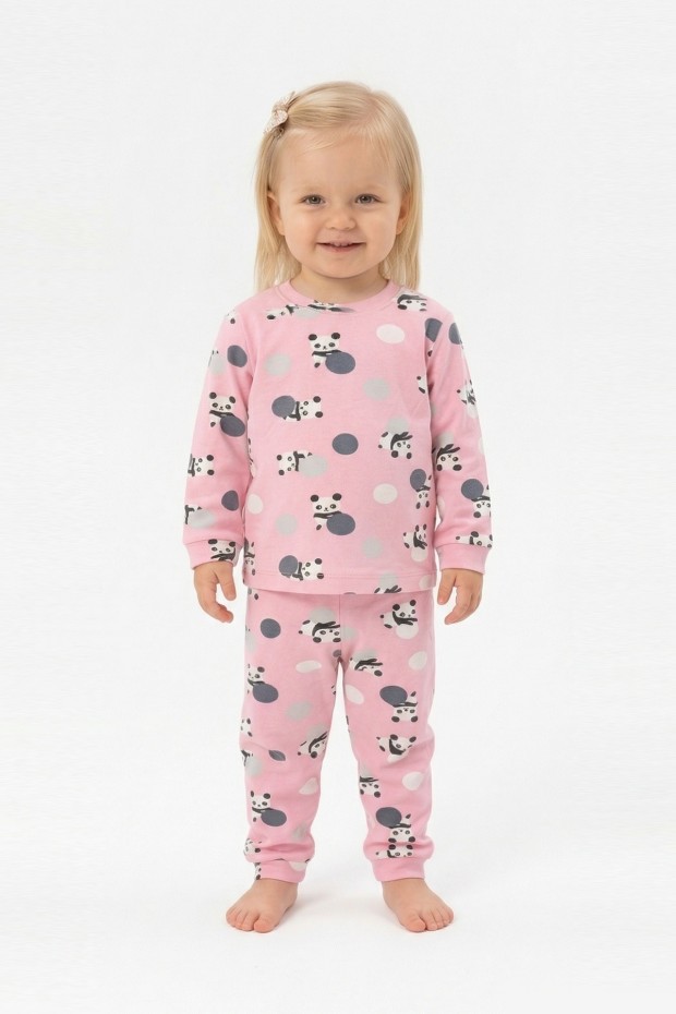 Kız Bebek Panda ve Puantiye Desenli %100 Pamuk Reaktif Boyama İnterlok Kumaş Uzun Kollu Pijama Takımı