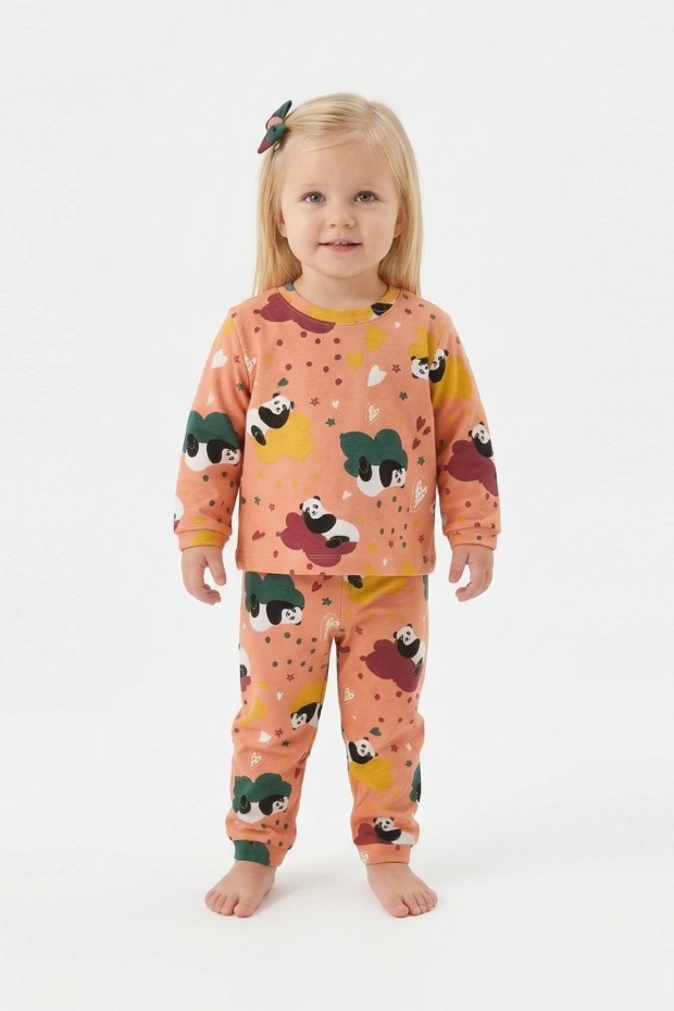 Unisex Panda ve Kalp Desenli %100 Pamuk Reaktif Boyama İnterlok Kumaş Uzun Kollu Pijama Takımı