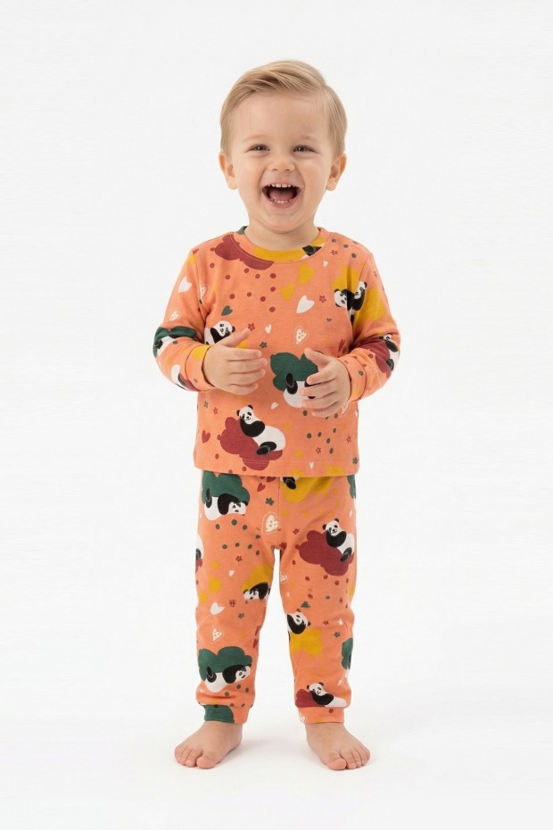 Unisex Panda ve Kalp Desenli %100 Pamuk Reaktif Boyama İnterlok Kumaş Uzun Kollu Pijama Takımı