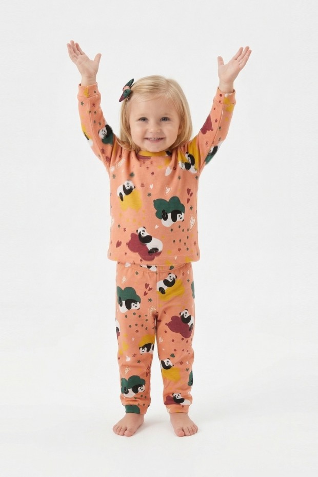Unisex Panda ve Kalp Desenli %100 Pamuk Reaktif Boyama İnterlok Kumaş Uzun Kollu Pijama Takımı