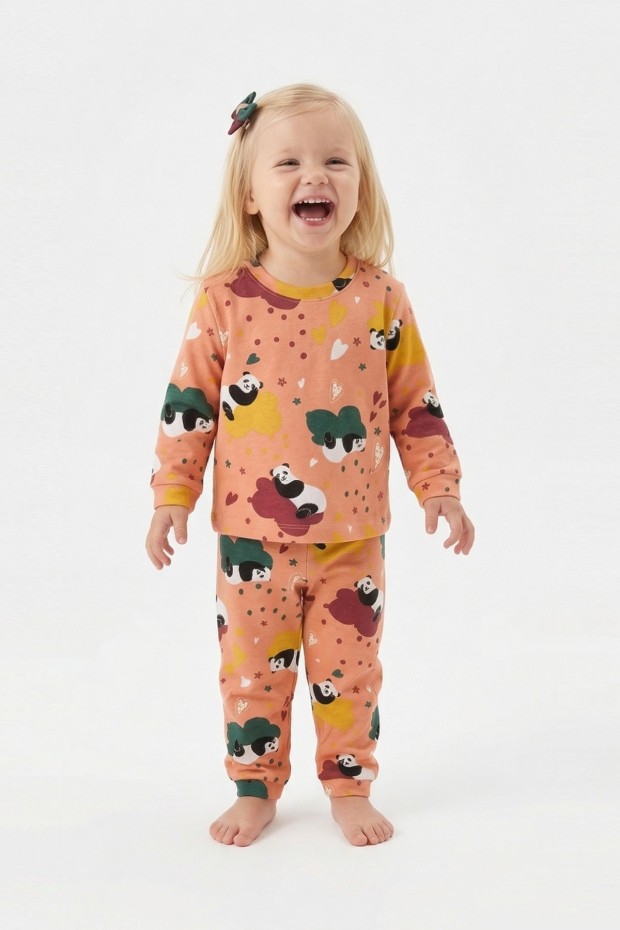 Unisex Panda ve Kalp Desenli %100 Pamuk Reaktif Boyama İnterlok Kumaş Uzun Kollu Pijama Takımı