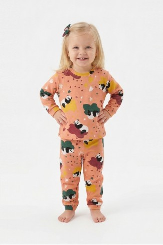 Unisex Panda ve Kalp Desenli %100 Pamuk Reaktif Boyama İnterlok Kumaş Uzun Kollu Pijama Takımı