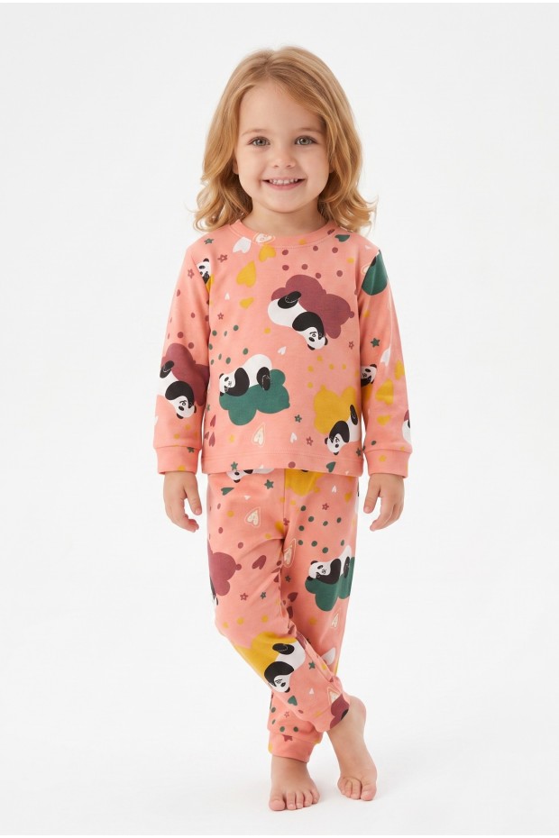 Unisex Panda ve Kalp Desenli %100 Pamuk Reaktif Boyama İnterlok Kumaş Uzun Kollu Pijama Takımı