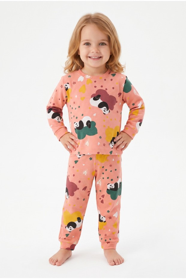 Unisex Panda ve Kalp Desenli %100 Pamuk Reaktif Boyama İnterlok Kumaş Uzun Kollu Pijama Takımı