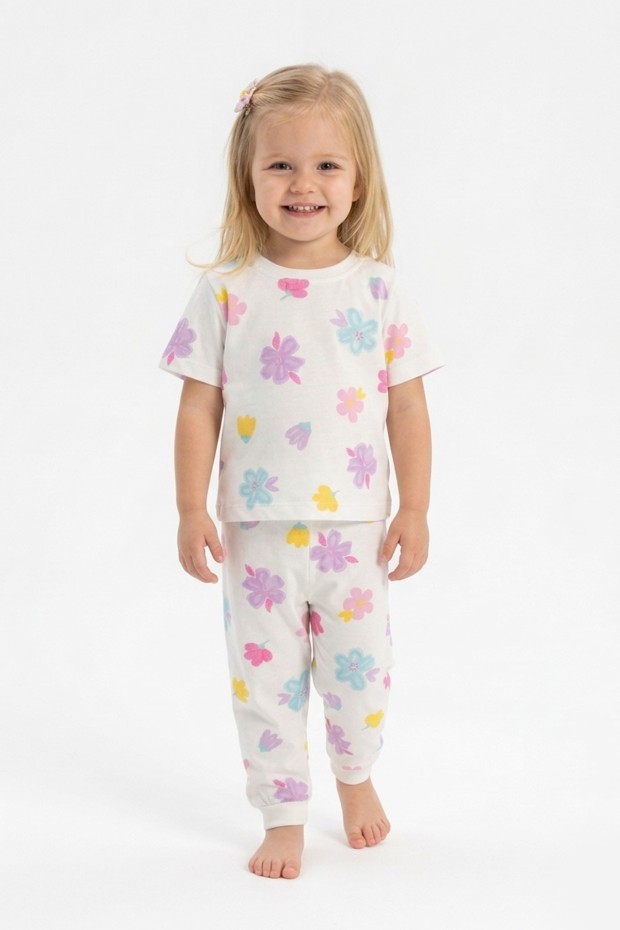 Kız Bebek Çiçek Desenli %100 Pamuk Reaktif Boyalı Süprem Kumaş Kısa Kollu Pijama Takımı
