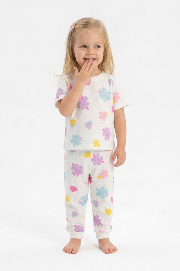Kız Bebek Çiçek Desenli %100 Pamuk Reaktif Boyalı Süprem Kumaş Kısa Kollu Pijama Takımı
