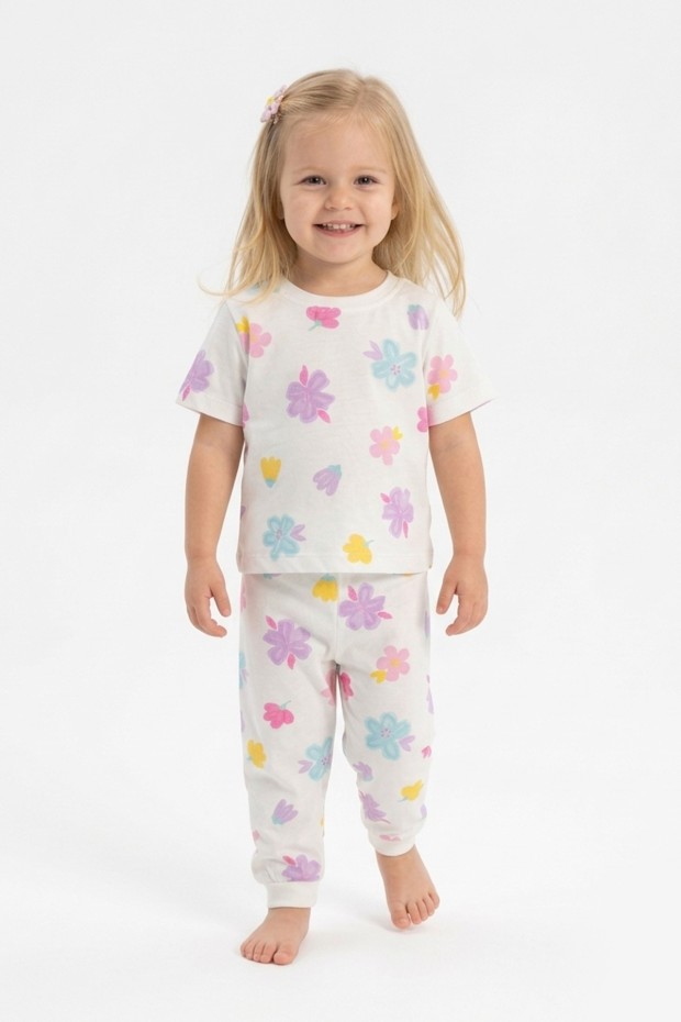 Kız Bebek Çiçek Desenli %100 Pamuk Reaktif Boyalı Süprem Kumaş Kısa Kollu Pijama Takımı