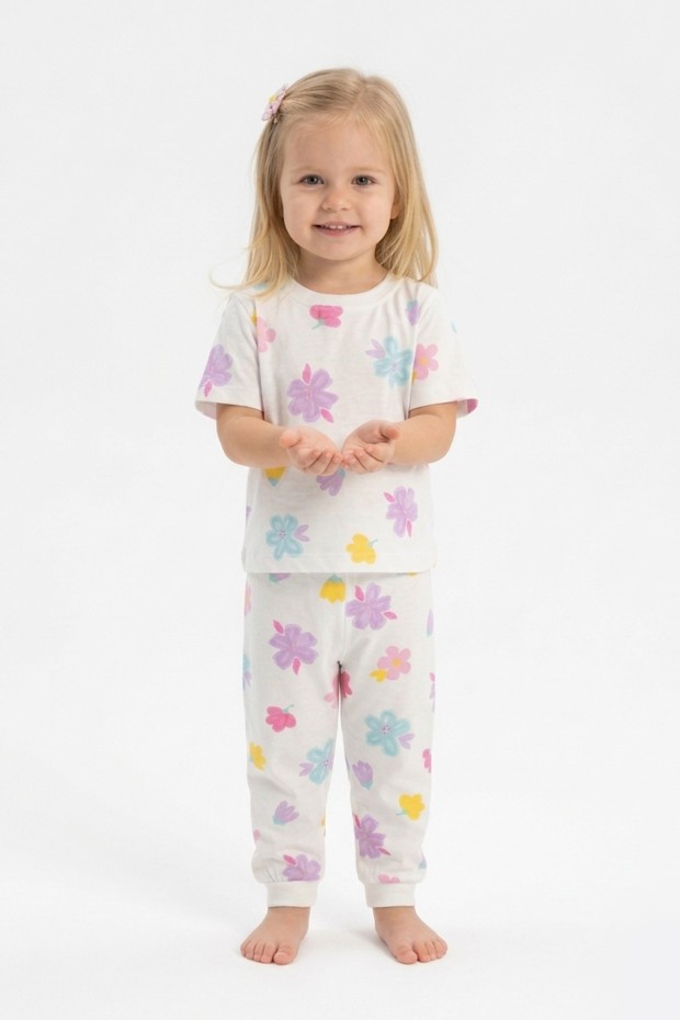 Kız Bebek Çiçek Desenli %100 Pamuk Reaktif Boyalı Süprem Kumaş Kısa Kollu Pijama Takımı