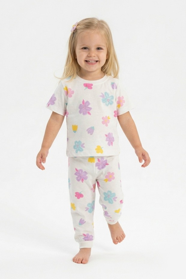 Kız Bebek Çiçek Desenli %100 Pamuk Reaktif Boyalı Süprem Kumaş Kısa Kollu Pijama Takımı