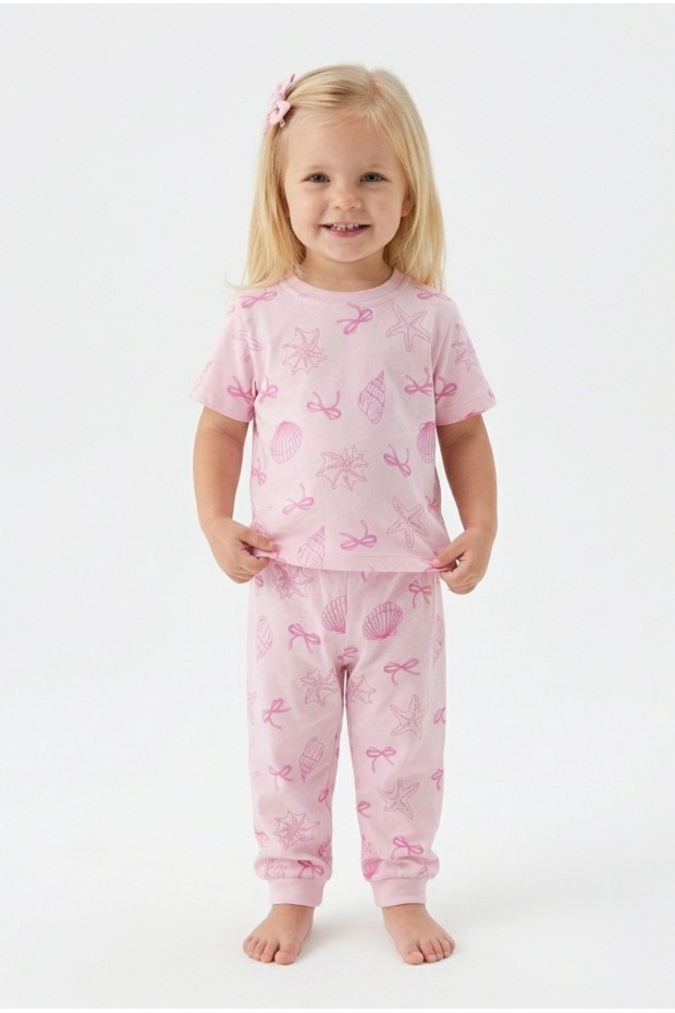 Kız Bebek Deniz Yıldızı ve İstiridye Desenli %100 Pamuk Reaktif Boyalı Süprem Kumaş Kısa Kollu Pijama Takımı