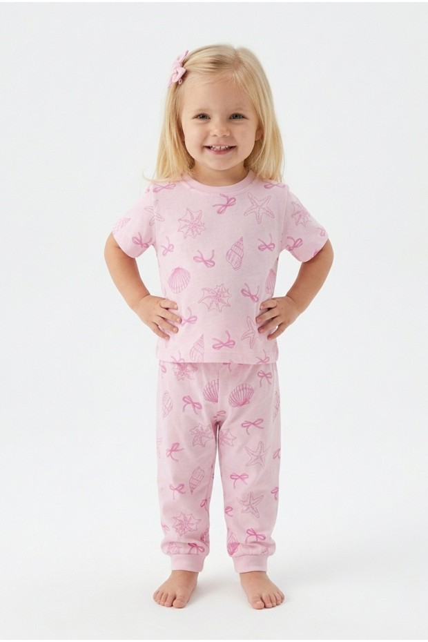 Kız Bebek Deniz Yıldızı ve İstiridye Desenli %100 Pamuk Reaktif Boyalı Süprem Kumaş Kısa Kollu Pijama Takımı
