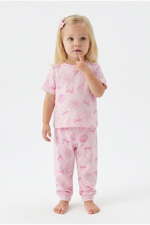 Kız Bebek Deniz Yıldızı ve İstiridye Desenli %100 Pamuk Reaktif Boyalı Süprem Kumaş Kısa Kollu Pijama Takımı