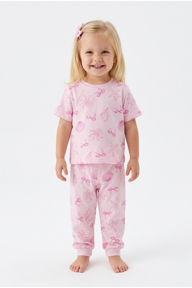 Kız Bebek Deniz Yıldızı ve İstiridye Desenli %100 Pamuk Reaktif Boyalı Süprem Kumaş Kısa Kollu Pijama Takımı