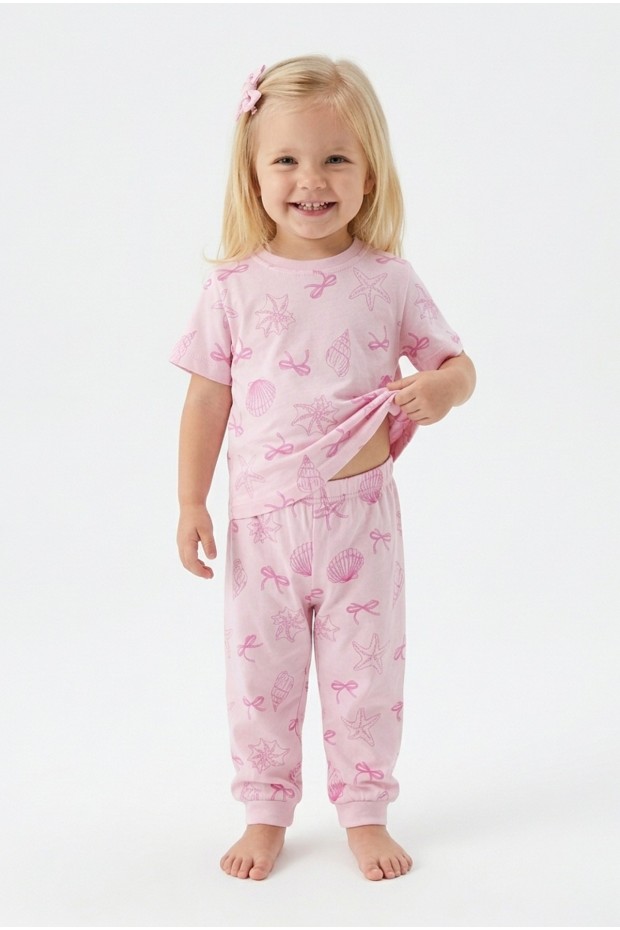 Kız Bebek Deniz Yıldızı ve İstiridye Desenli %100 Pamuk Reaktif Boyalı Süprem Kumaş Kısa Kollu Pijama Takımı