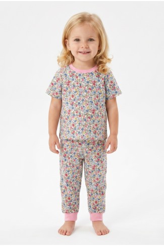 Kız Bebek Renkli Çiçek Desenli %100 Pamuk Süprem Kumaş Kısa Kollu Pijama Takımı 