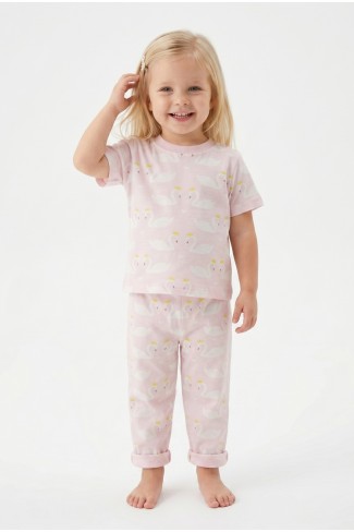 Kız Bebek Kuğu Baskılı %100 Pamuk Süprem Kumaş Kısa Kollu Pijama Takımı 