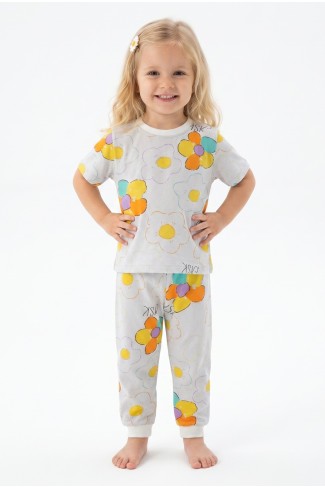 Kız Bebek Renkli Papatya Çiçek Desenli %100 Pamuk Süprem Kumaş Kısa Kollu Pijama Takımı