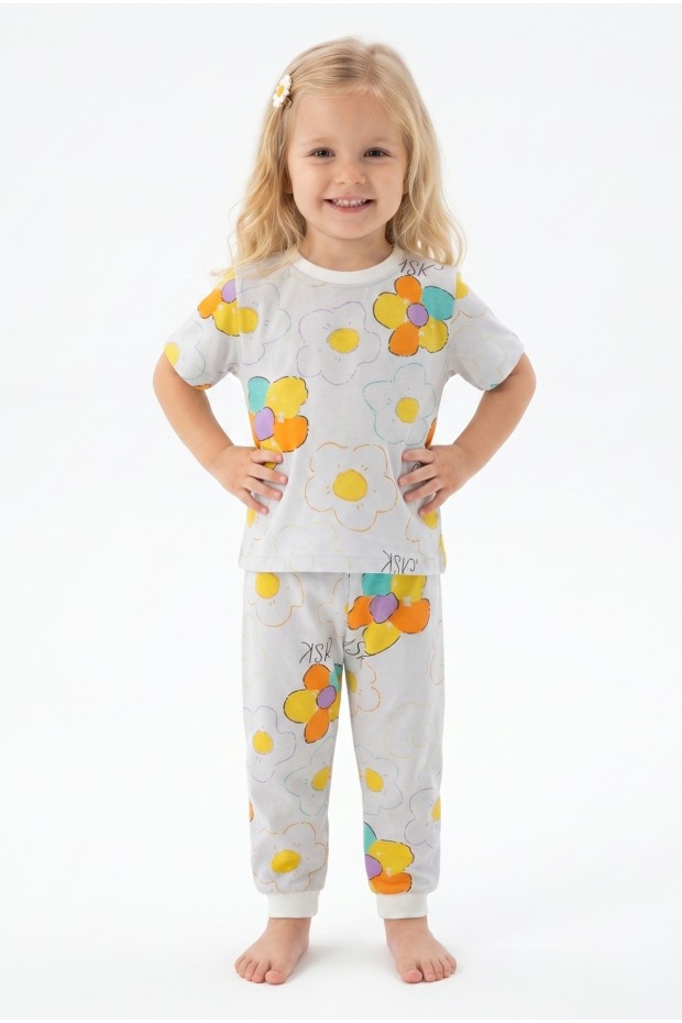Kız Bebek Renkli Papatya Çiçek Desenli %100 Pamuk Süprem Kumaş Kısa Kollu Pijama Takımı