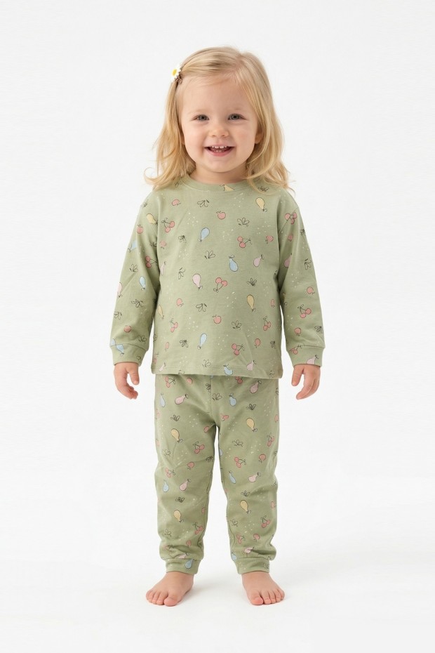 Kız Bebek Kiraz ve Meyve Desenli %100 Pamuk Reaktif Boyama İnterlok Kumaş Uzun Kollu Pijama Takımı 