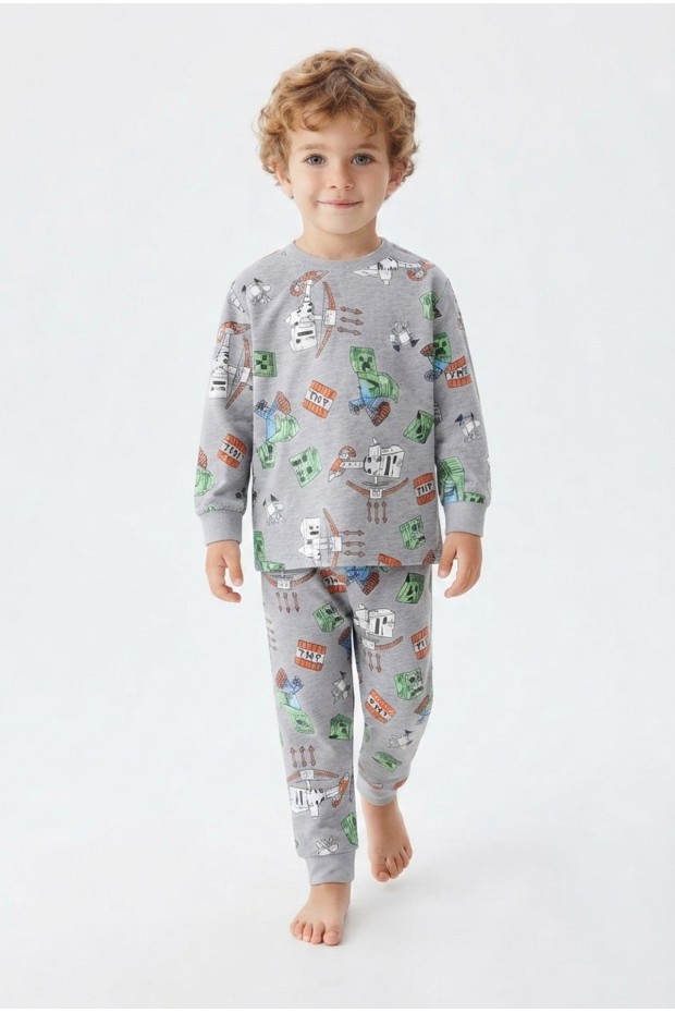 Erkek Bebek Karakter Baskılı %100 Pamuk Süprem Kumaş Reaktif Boyama Uzun Kollu Pijama Takımı 