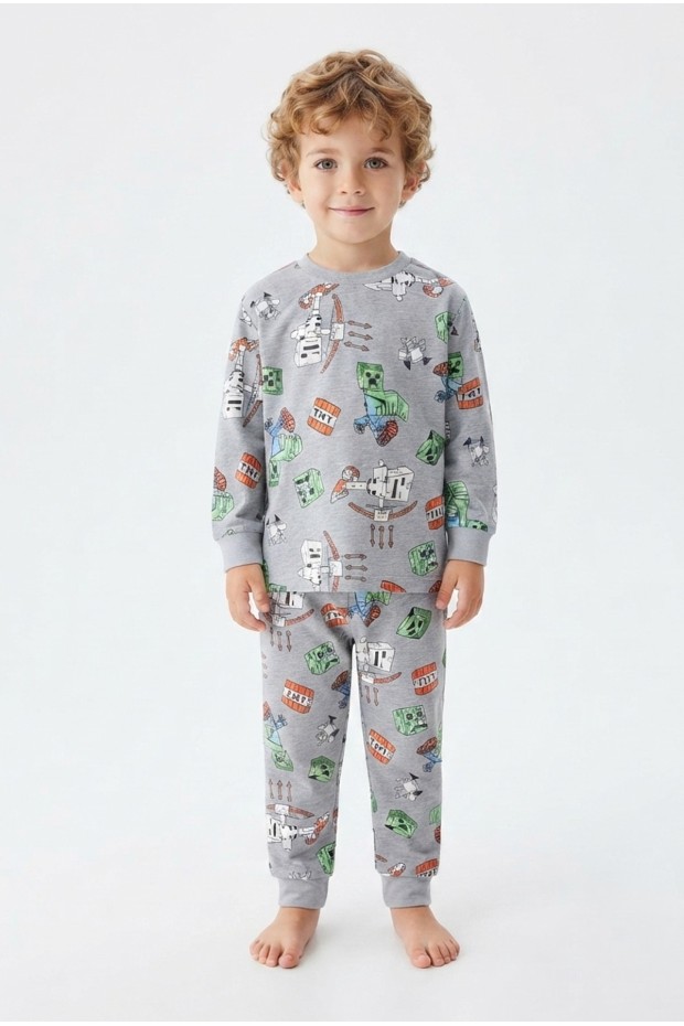 Erkek Bebek Karakter Baskılı %100 Pamuk Süprem Kumaş Reaktif Boyama Uzun Kollu Pijama Takımı 