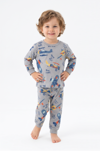 Erkek Bebek Uçak  Baskılı %100 Pamuk Süprem Kumaş Reaktif Boyama Uzun Kollu Pijama Takımı 