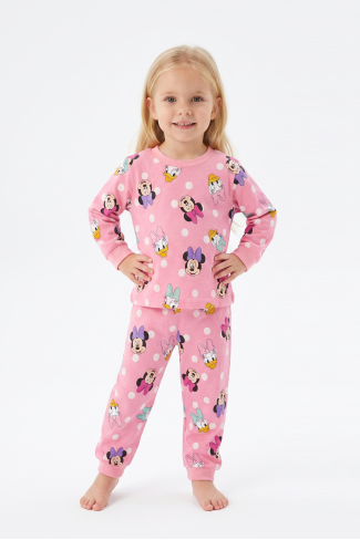 Kız Bebek Puantiyeli ve Karakter Baskılı %100 Pamuk Süprem Kumaş Reaktif Boyama Uzun Kollu Pijama Takımı