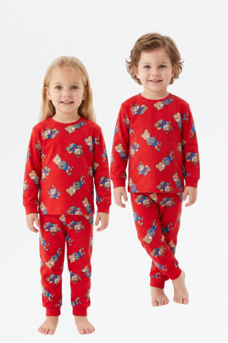 Erkek Bebek Sevimli Ayıcık Desenli %100 Pamuk Reaktif Boyama Süprem Kumaş Uzun Kollu Pijama Takımı
