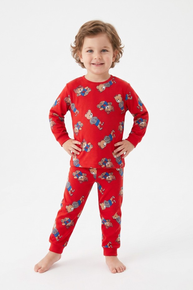 Erkek Bebek Sevimli Ayıcık Desenli %100 Pamuk Reaktif Boyama Süprem Kumaş Uzun Kollu Pijama Takımı