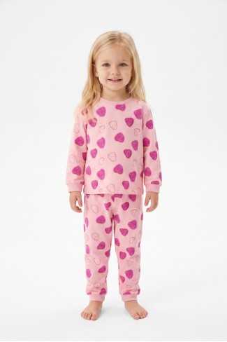 Kız Bebek Kalp Baskılı %100 Pamuk Süprem Kumaş Reaktif Boyama Uzun Kollu Pijama Takımı