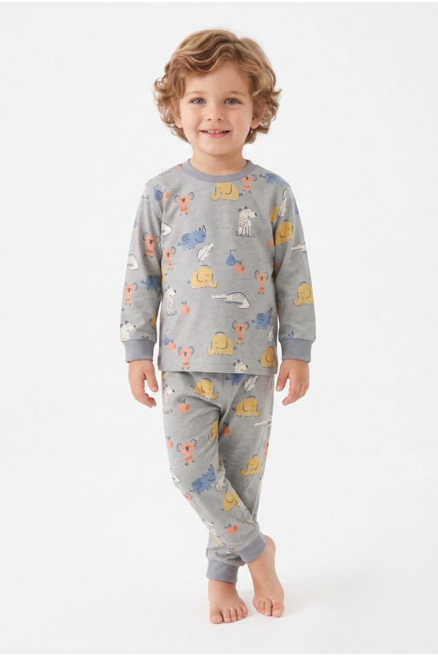 Erkek Bebek Sevimli Hayvan Desenli %100 Pamuk Reaktif Boyama Süprem Kumaş Uzun Kollu Pijama Takımı