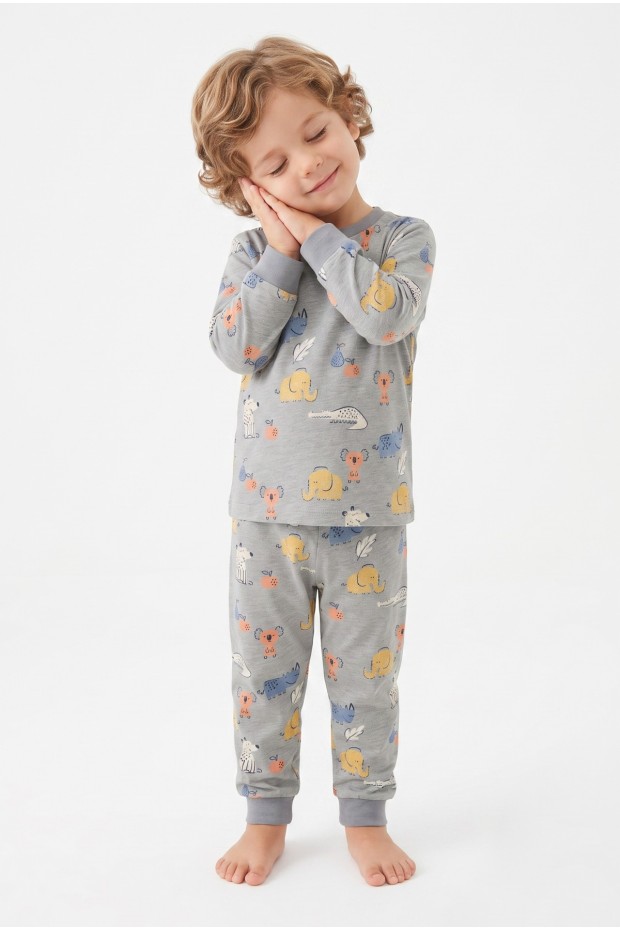 Erkek Bebek Sevimli Hayvan Desenli %100 Pamuk Reaktif Boyama Süprem Kumaş Uzun Kollu Pijama Takımı