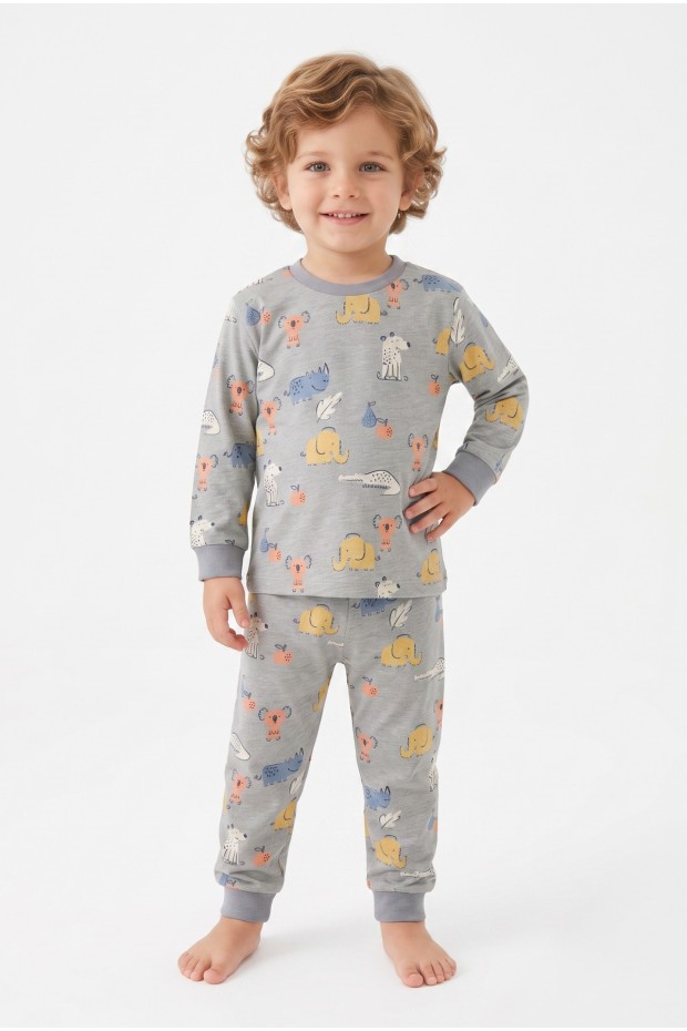 Erkek Bebek Sevimli Hayvan Desenli %100 Pamuk Reaktif Boyama Süprem Kumaş Uzun Kollu Pijama Takımı