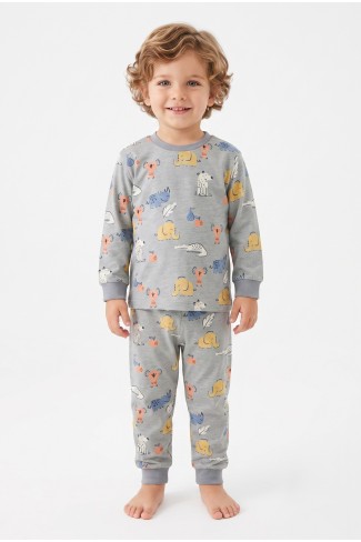 Erkek Bebek Sevimli Hayvan Desenli %100 Pamuk Reaktif Boyama Süprem Kumaş Uzun Kollu Pijama Takımı