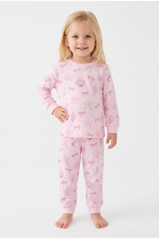 Kız Bebek Deniz Kabuğu Ve Kurdele Baskılı %100 Pamuk Süprem Kumaş Reaktif Boyama Uzun Kollu Pijama Takımı