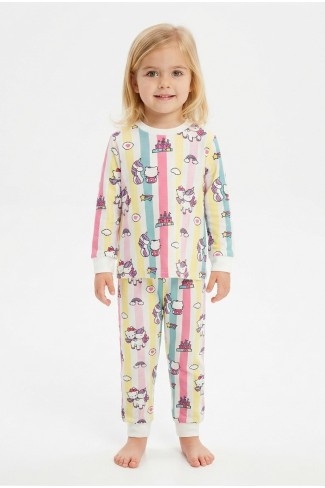Kız Bebek Renkli Çizgili Karakter Baskılı %100 Pamuk Süprem Kumaş Reaktif Boyama Uzun Kollu Pijama Takımı