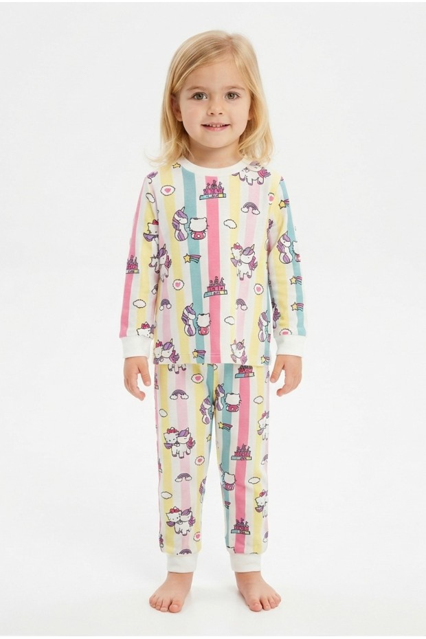 Kız Bebek Renkli Çizgili Karakter Baskılı %100 Pamuk Süprem Kumaş Reaktif Boyama Uzun Kollu Pijama Takımı
