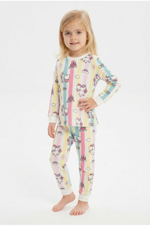 Kız Bebek Renkli Çizgili Karakter Baskılı %100 Pamuk Süprem Kumaş Reaktif Boyama Uzun Kollu Pijama Takımı