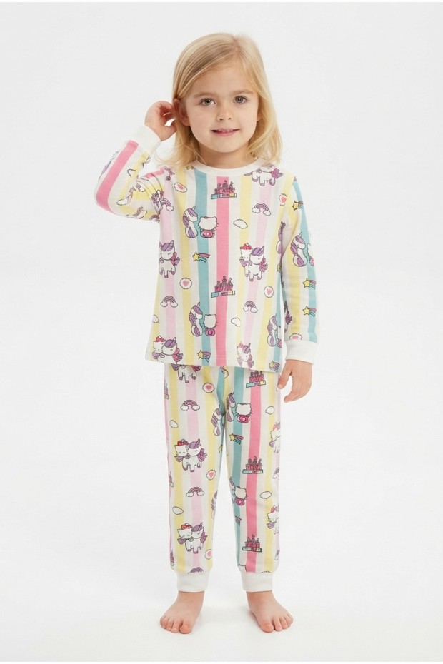 Kız Bebek Renkli Çizgili Karakter Baskılı %100 Pamuk Süprem Kumaş Reaktif Boyama Uzun Kollu Pijama Takımı