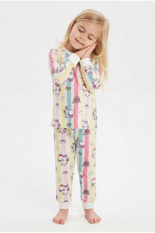 Kız Bebek Renkli Çizgili Karakter Baskılı %100 Pamuk Süprem Kumaş Reaktif Boyama Uzun Kollu Pijama Takımı